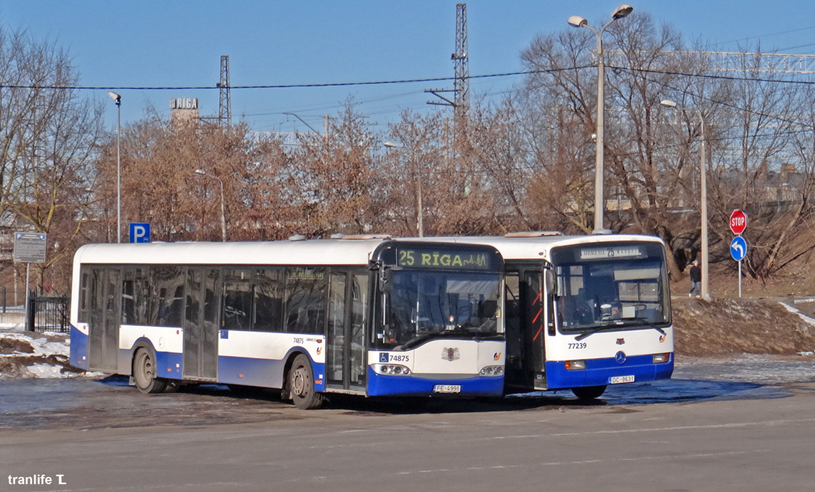 Riga, Solaris Urbino II 12 No. 74875; Riga, Mercedes-Benz O345 No. 77239