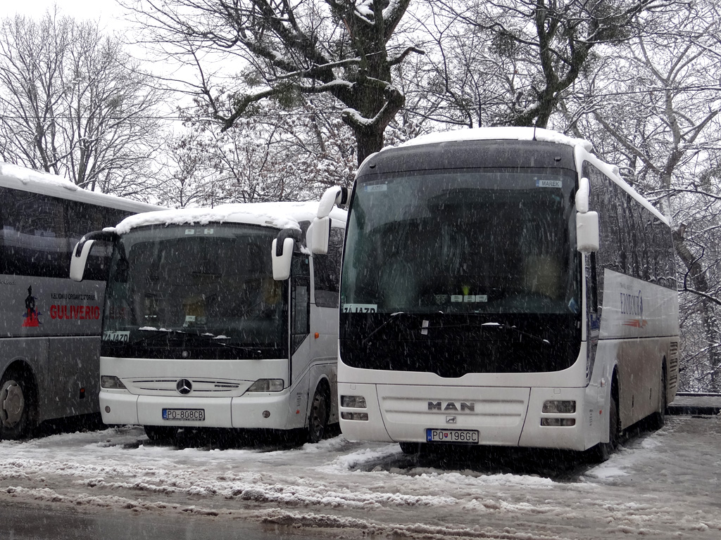 Prešov, Mercedes-Benz O510 Tourino # PO-808CB; Prešov, MAN R07 Lion's Coach RHC444 # PO-196GC