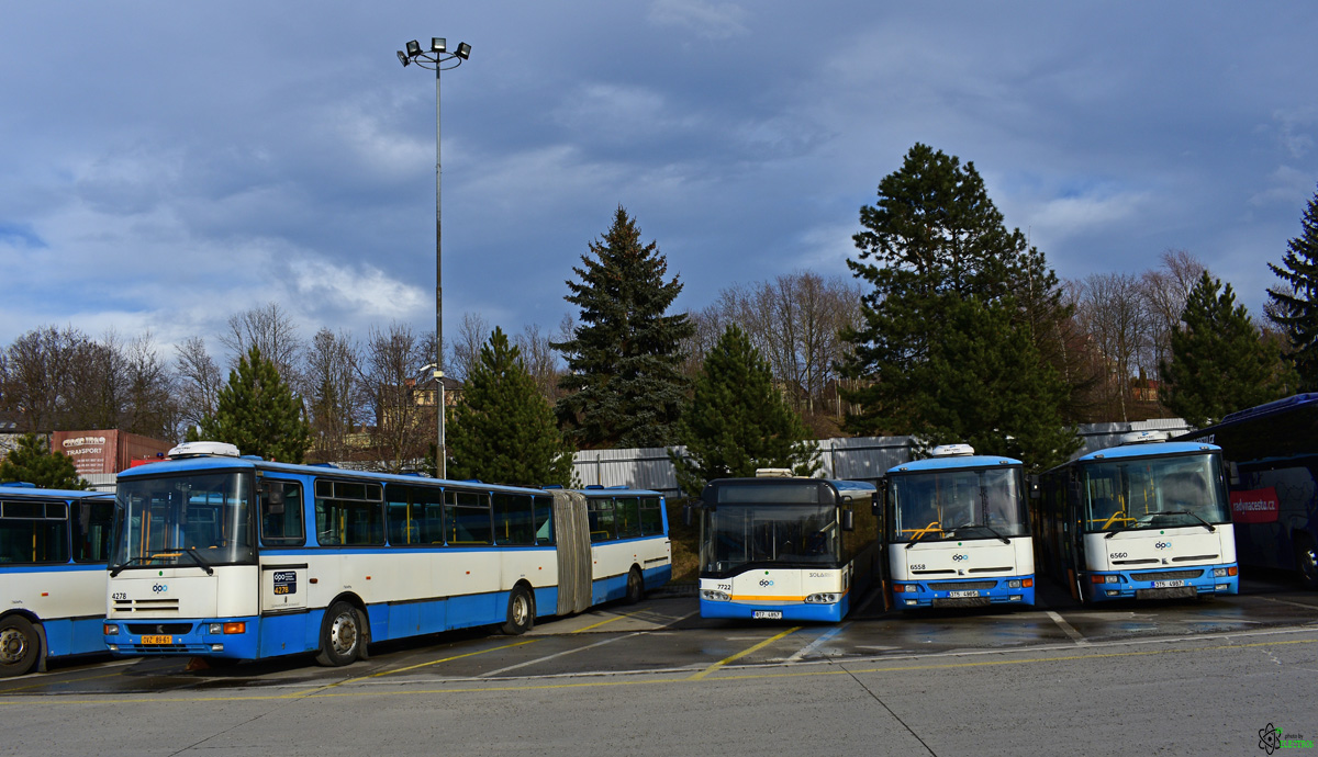 Ostrava, Karosa B941E.1962 # 4278; Ostrava, Solaris Urbino II 12 # 7722; Ostrava, Karosa B952E.1718 # 6558; Ostrava, Karosa B952E.1718 # 6560
