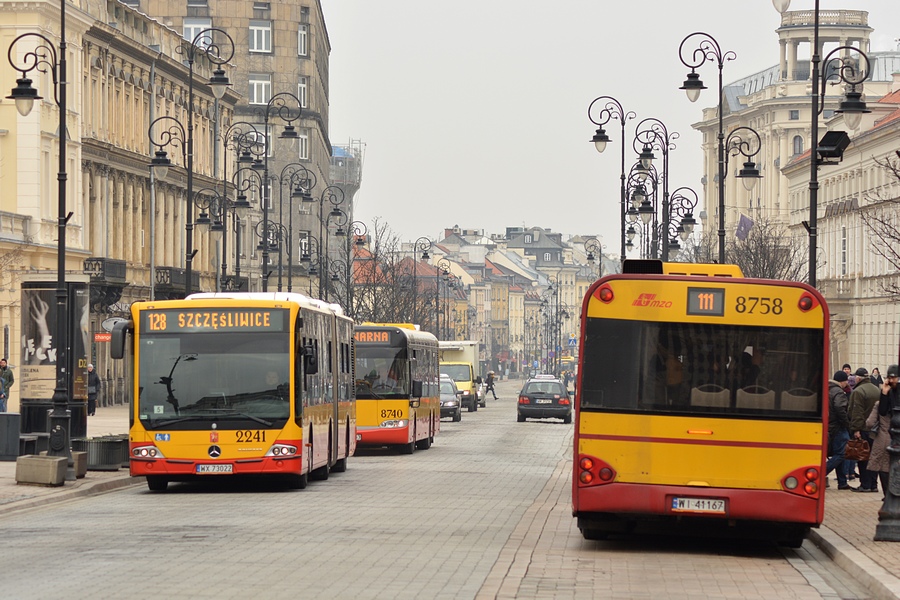 Warsaw, Mercedes-Benz Conecto II G # 2241; Warsaw, Solaris Urbino I 15 # 8740; Warsaw, Solaris Urbino I 15 # 8758