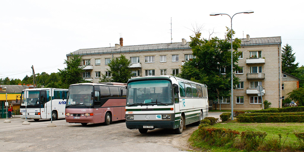 Valmiera, Mercedes-Benz O303-13KHP-A No. 4681; Riga, Mercedes-Benz O404-15RHD No. 106; Cesis, Carrus Star 501 No. 3525