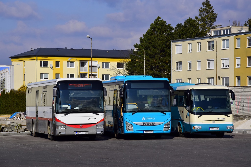 Topoľčany, Irisbus Crossway 12M nr. NR-711FR; Topoľčany, SOR C 12 nr. NR-843DT