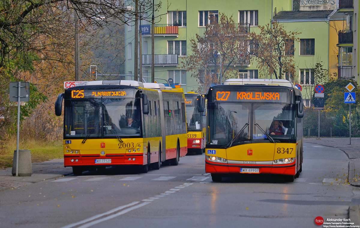 Varšava, Solbus SM18 č. 2003; Varšava, MAN A23 NG313 č. 3339; Varšava, Solaris Urbino III 18 č. 8347