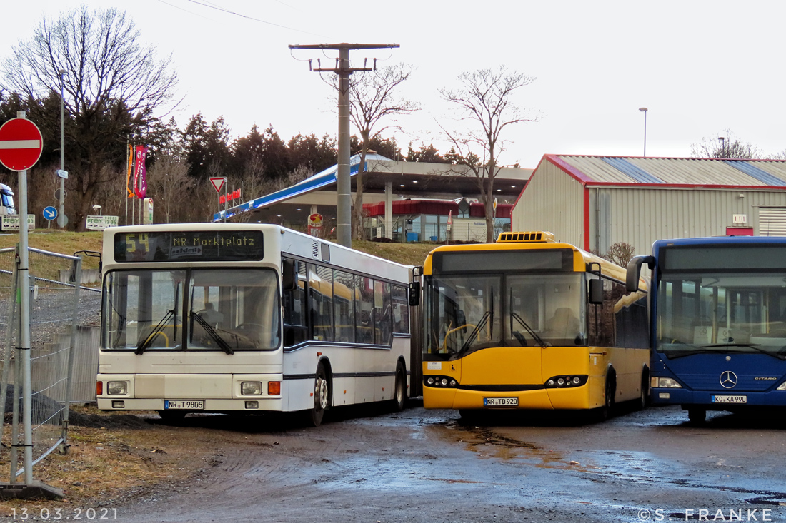 Neuwied, Solaris Urbino II 18 # NR-TD 920; Neuwied, MAN A11 NG312 # NR-T 9805; Koblenz, Mercedes-Benz O530 Citaro G # KO-KA 990