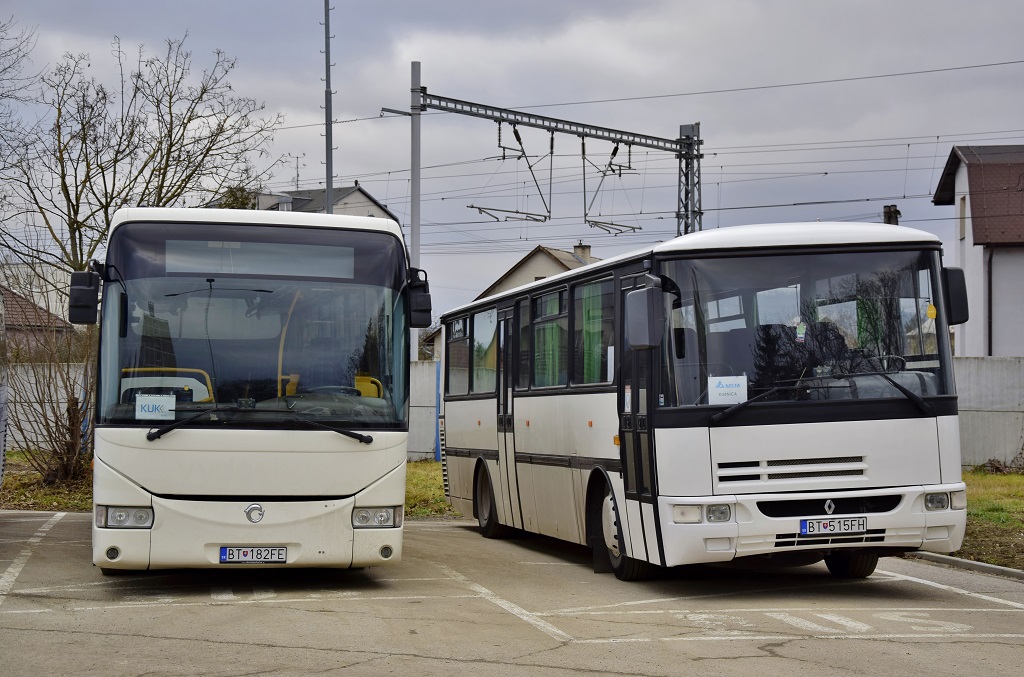 Ilava, Irisbus Crossway 12M # BT-182FE; Ilava, Karosa C935.1034 Récréo # BT-515FH