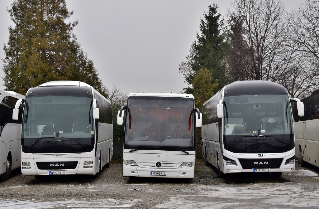 Nitra, MAN R07 Lion's Coach RHC4*4 # NR-746IH; Nitra, Mercedes-Benz Tourismo 15RHD-II # NR-697IO; Nitra, MAN R10 Lion's Coach II C # NR-710KC