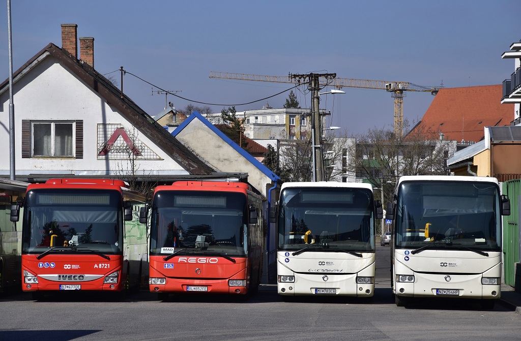 Bratislava, IVECO Crossway LE Line 12M No. 8721; Malacky, Irisbus Crossway LE 12M No. BL-852FE; Sobrance, Irisbus Crossway 12M No. MI-783CA; Komárno, Irisbus Crossway 12M No. NZ-254HP