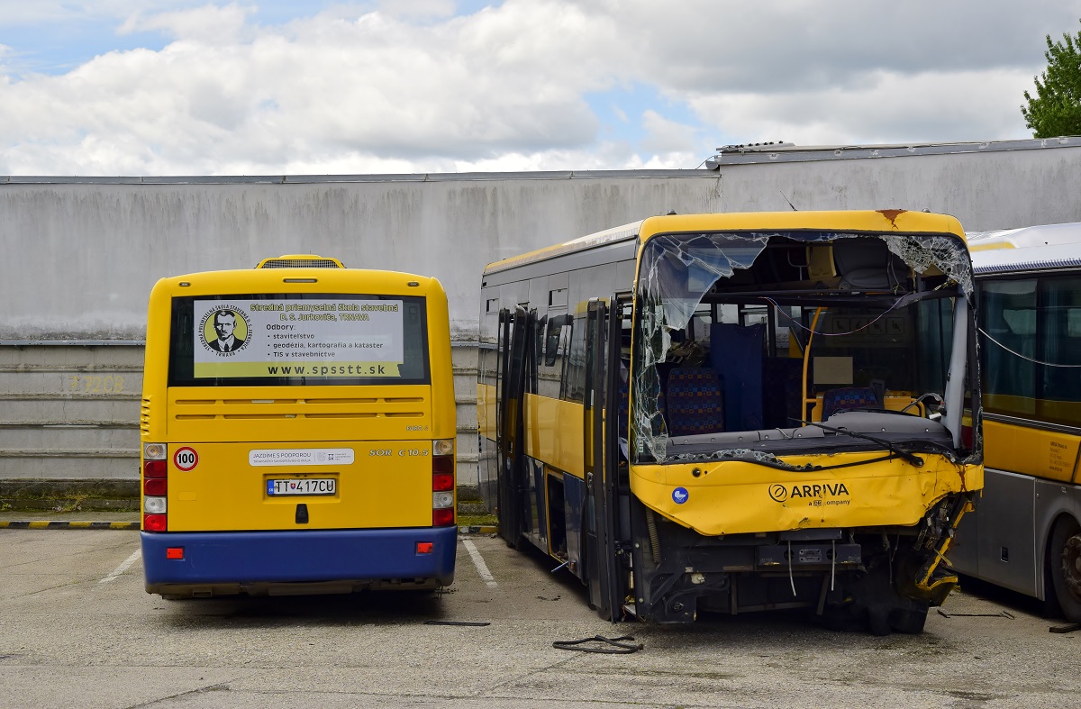 Piešťany, SOR C 10.5 Nr. TT-417CU; Trnava, Irisbus Crossway 12.8M Nr. TT-653DE