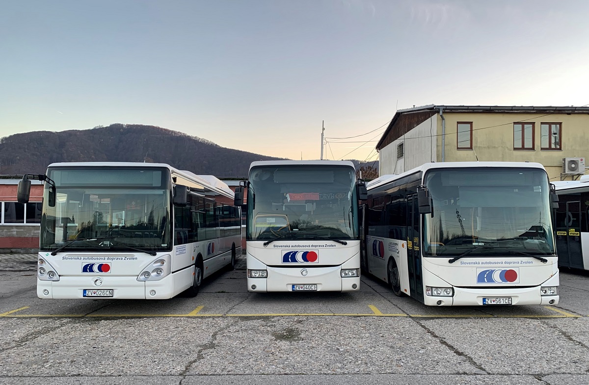 Banská Bystrica, Irisbus Crossway 10.6M # ZV-040CI; Zvolen, Irisbus Citelis 12M CNG # ZV-026CN; Brezno, Irisbus Crossway LE 12M # ZV-561CE