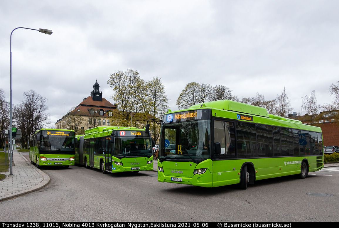 Nyköping, Scania Citywide LE # 1238; Nyköping, Scania Citywide LFA # 11016; Nyköping, Setra S417UL # 4013