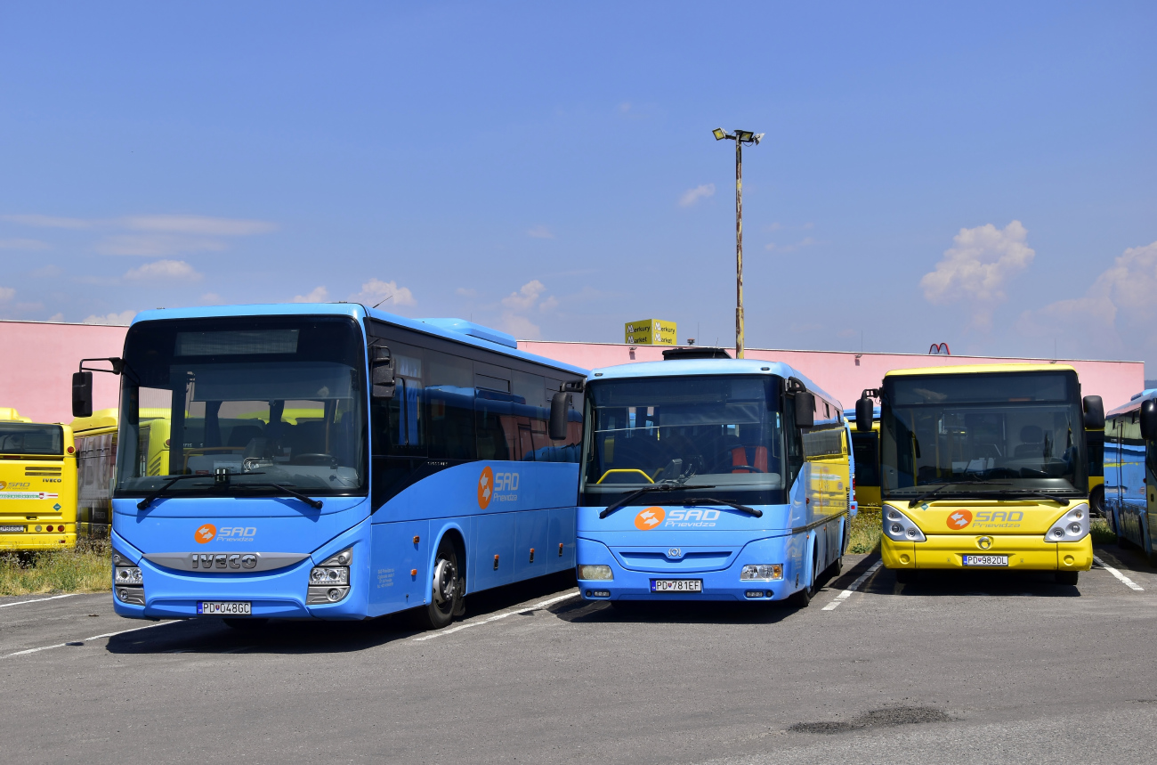 Prievidza, SOR C 10.5 nr. PD-781EF; Prievidza, Irisbus Citelis 12M CNG nr. PD-982DL; Prievidza, IVECO Crossway Line 12M nr. PD-048GC
