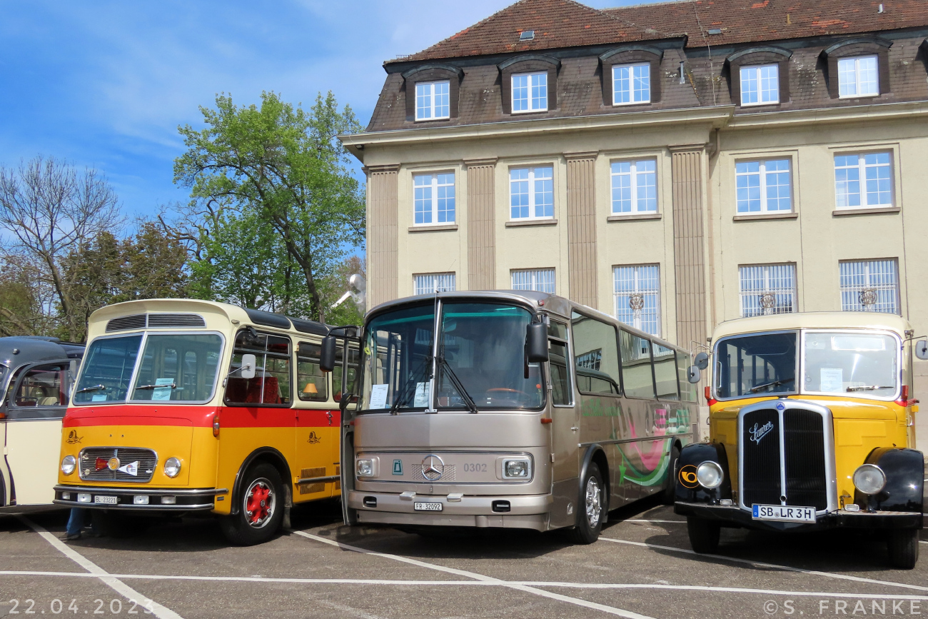 Liestal, Hess No. BL 23221; Fribourg, Ramseier & Jenzer No. FR 32092; Saarbrücken, Saurer L4CT 2D No. SB-LR 3H; Speyer — 6th European Meeting of Historic Buses (22.04.2023)