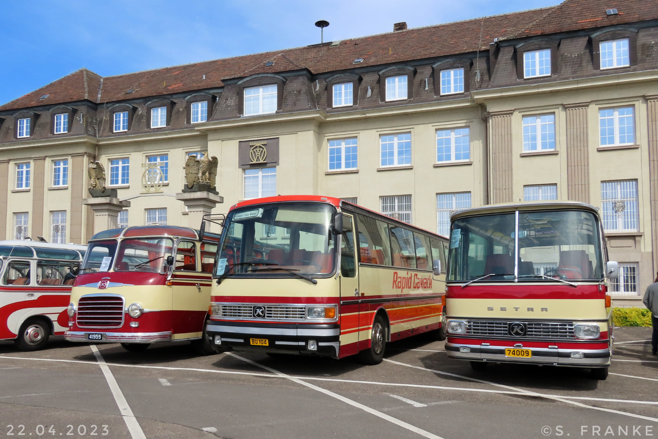 Remich, Setra S11 č. 41959; Remich, Setra S213H č. BU 104; Remich, Setra S80 č. 74009; Speyer — 6th European Meeting of Historic Buses (22.04.2023)