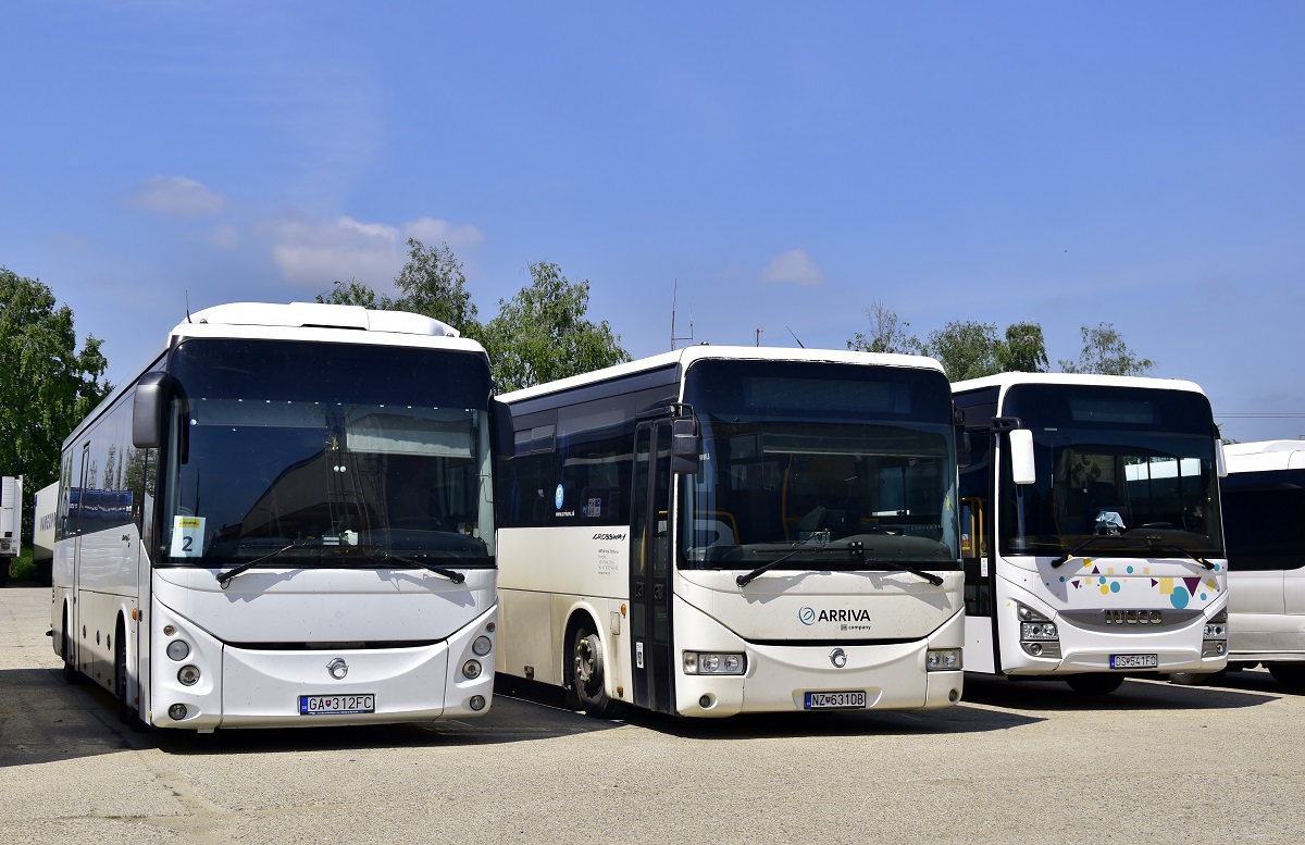 Galanta, Irisbus Evadys H 12.8M # GA-312FC; Šaľa, Irisbus Crossway 12M # NZ-631DB; Galanta, IVECO Crossway Line 10.8M # DS-541FO