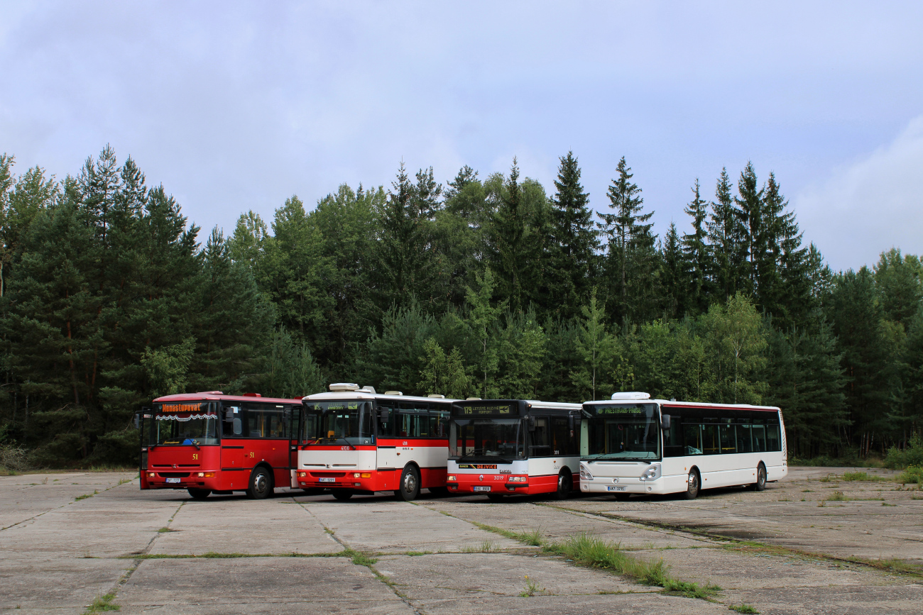 Karlovy Vary, Irisbus Citelis 12M No. 104; Prague, Karosa Citybus 12M.2070 (Renault) No. 3019; Prague, Karosa B951E.1713 No. 4108; Prague, Karosa B961E.1970 No. 9AT 1377
