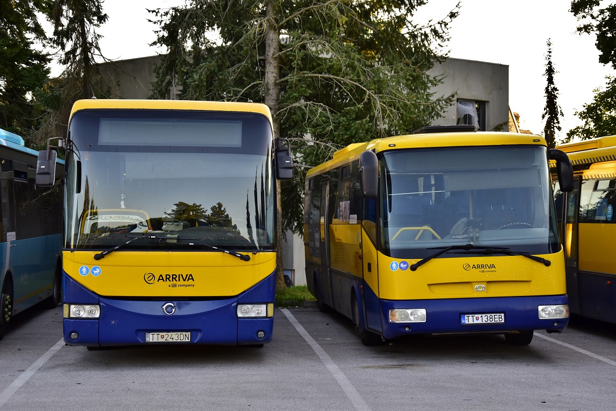 Senica, Irisbus Crossway 12.8M Nr. TT-243DN; Senica, SOR C 10.5 Nr. TT-138EB