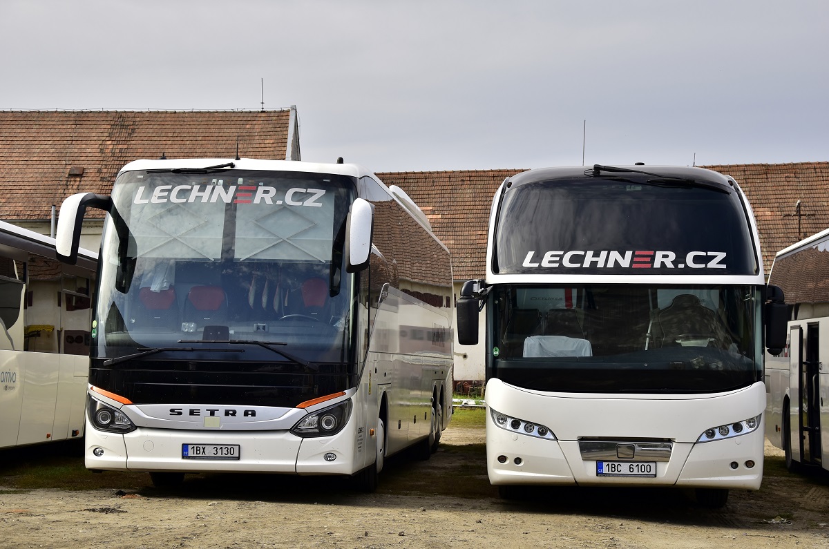 Brno, Neoplan N1218HDL Cityliner # 1BC 6100; Brno, Setra S517HD # 1BX 3130