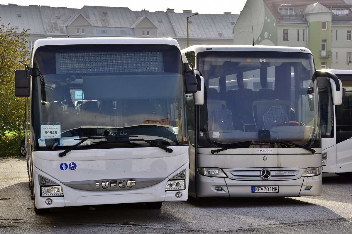Košice, IVECO Crossway LE Line 12M # AA-891EE; Košice, Mercedes-Benz Tourismo 16RHD-II M/2 # KE-201MK