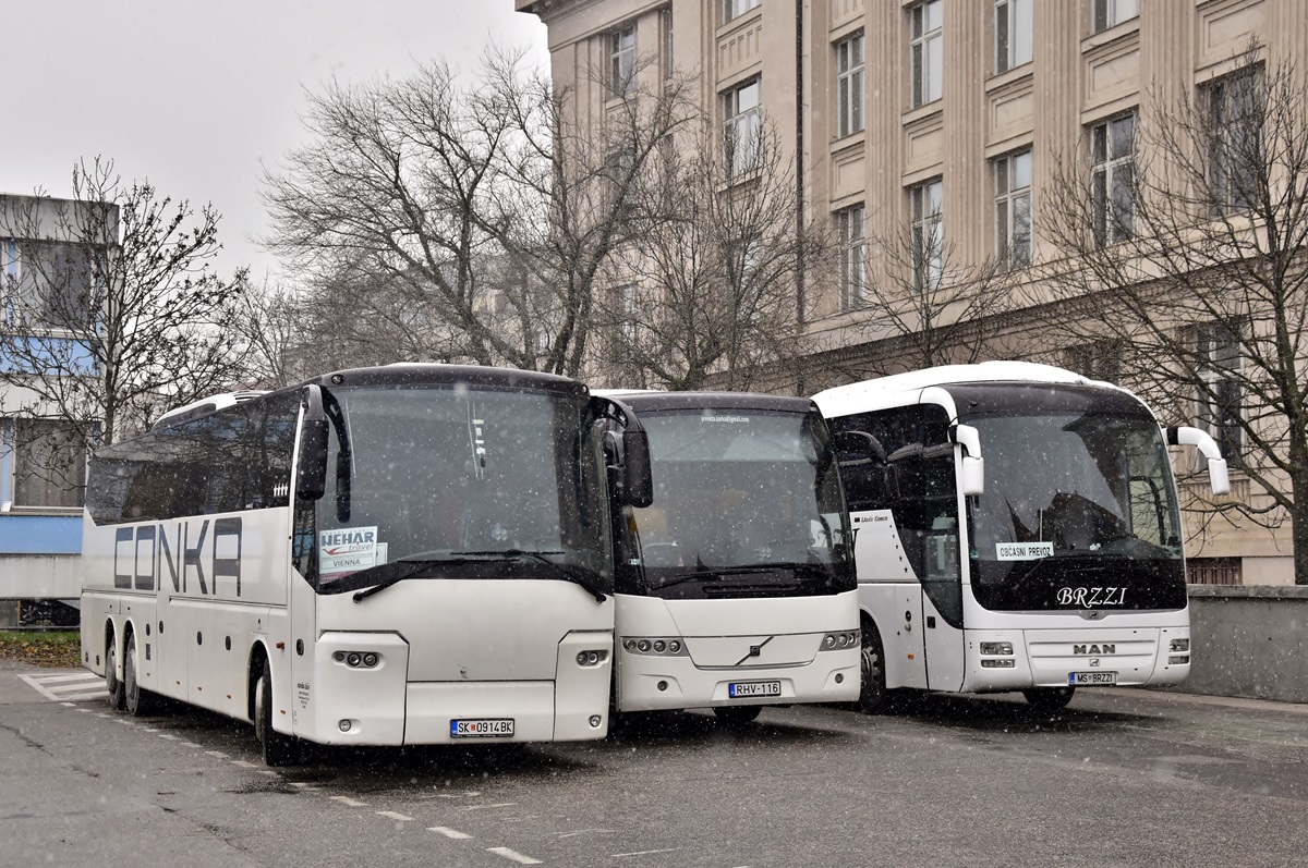 Murska Sobota, MAN R07 Lion's Coach # MS BRZZI; Hungria, other, Volvo 9700H # RHV-116; Skopje, Bova Magiq # SK 0914 BK