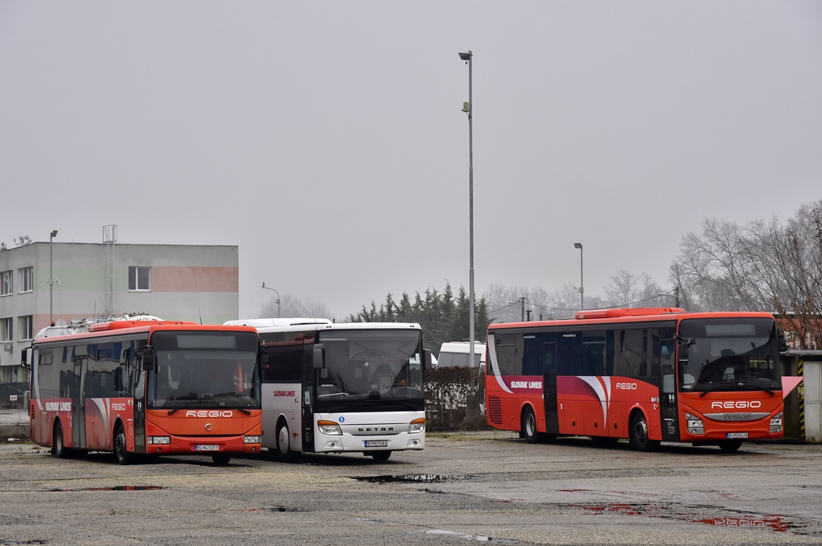 Bratislava, Irisbus Crossway LE 12M nr. BL-410FF; Bratislava, Setra S417UL business nr. BT-575AX; Bratislava, IVECO Crossway Line 13M nr. BL-593JA