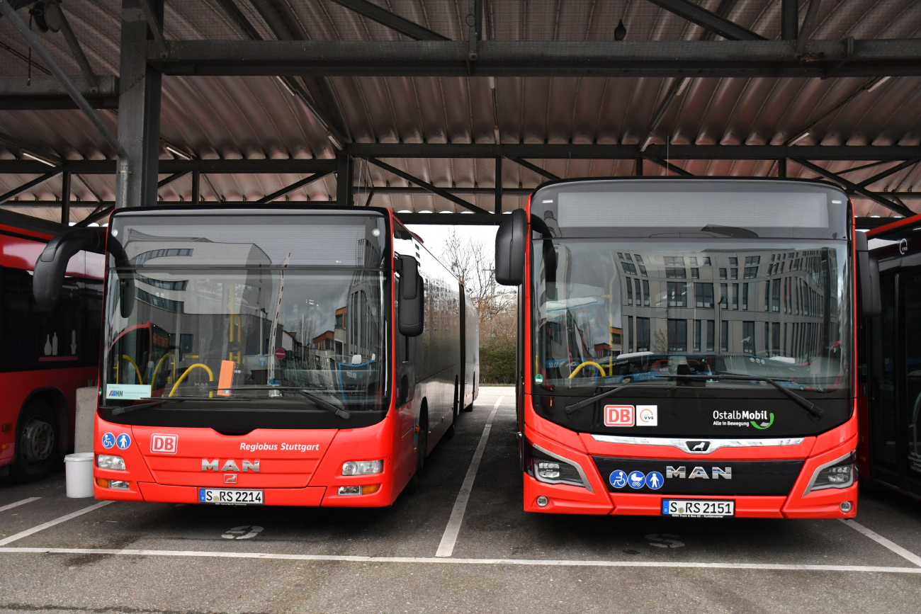 Schwäbisch Hall, MAN A23 Lion's City G NG363 №: S-RS 2214; Schwäbisch Hall, MAN 12C Lion's City NL330 EfficientHybrid №: S-RS 2151