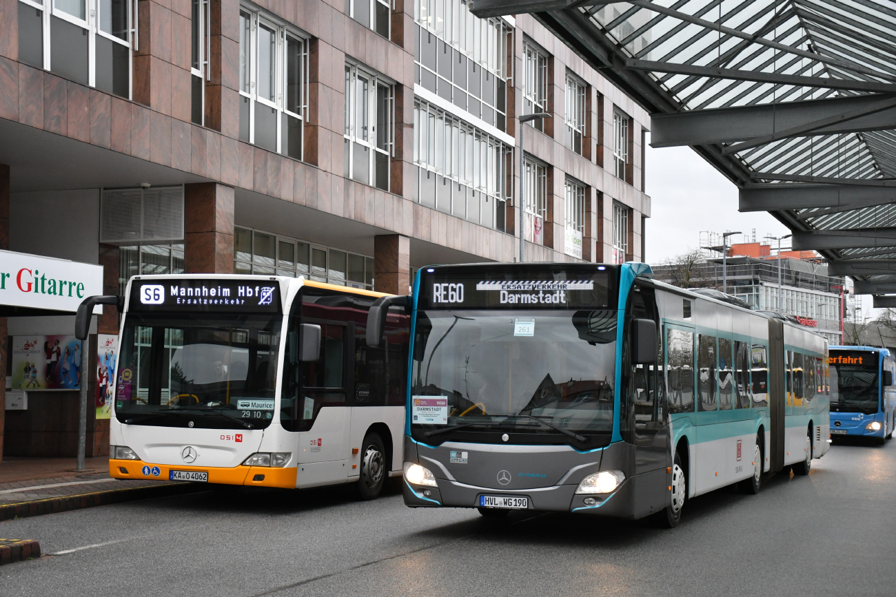 Karlsruhe, Mercedes-Benz O530 Citaro Facelift G č. 062; Nauen, Mercedes-Benz Citaro C2 G č. HVL-WG 190; Darmstadt — Ersatzverkehr Mannheim/Heidelberg — Darmstadt 02.02.2024 — 26.02.2024