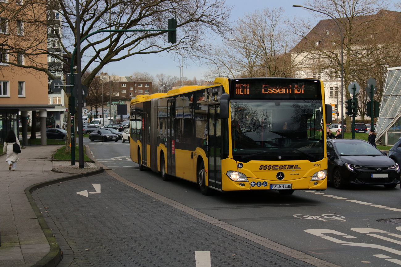 Gelsenkirchen, Mercedes-Benz Citaro C2 G Hybrid Nr. 3122; Essen — Notfahrplan Verdi-Streik 15.2.2024