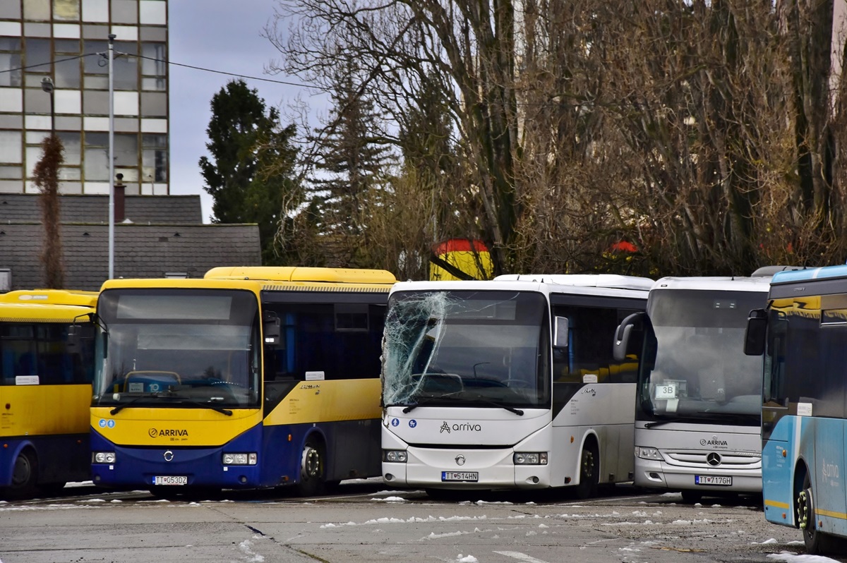Piešťany, Mercedes-Benz Tourismo 15RHD-II # TT-717GH; Piešťany, Irisbus Arway 12.8M # TT-514HN; Senica, Irisbus Crossway 12M # TT-053DZ