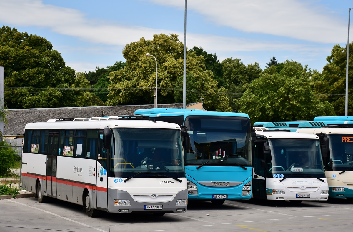 Topoľčany, SOR C 12 # NR-778FU; Nitra, IVECO Crossway 12M # NR-317KG; Nové Zámky, SOR CN 12.3 # NZ-871HV