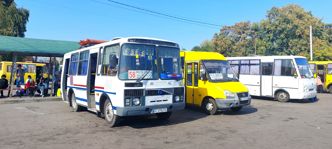 Fastiv, PAZ-32054 (40, K0, H0, L0) # АІ 4756 РА; Fastiv, Ruta 25 # АІ 9927 МО; Obukhiv, I-VAN A07A-30 # АІ 5691 МС; Fastiv — Miscellaneous photos