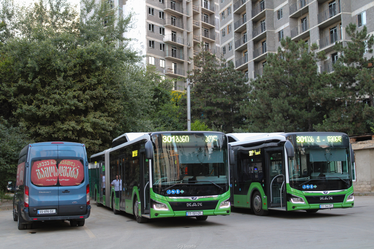 Tbilisi, Ford Transit 155T460 # VV-696-SV; Tbilisi, MAN 18G Lion's City NG320 # TT-151-CM; Tbilisi, MAN 18G Lion's City NG320 # TT-144-CM
