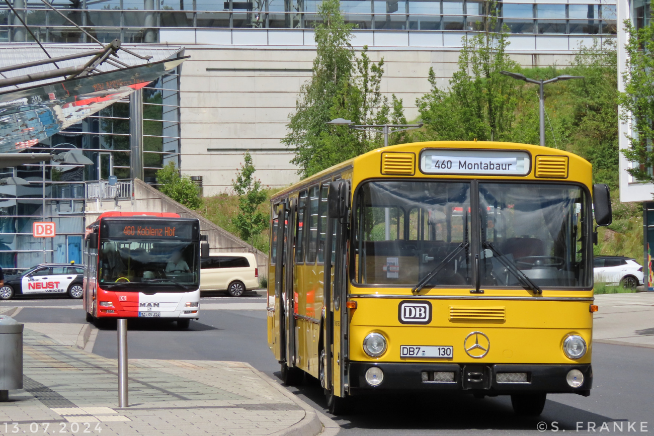 Mainz, Mercedes-Benz O307 # MZ-DB 37H; Montabaur, MAN A20 Lion's City Ü NÜ323 # MZ-RV 316; Montabaur — 13.07.2024 — Abschiedsfahrt Rhein-Mosel-Verkehrsgesellschaft im Westerwaldkreis