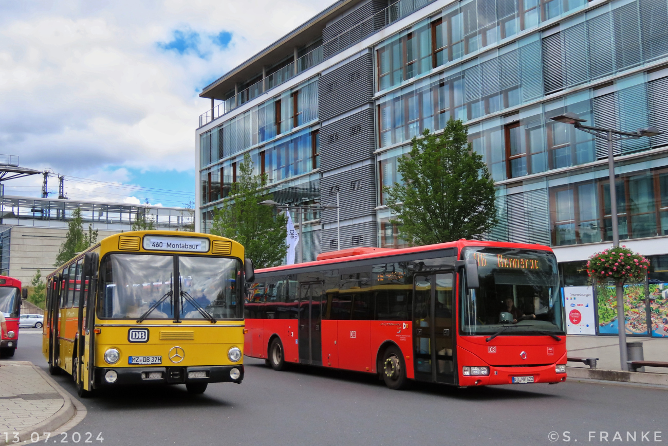 Mainz, Mercedes-Benz O307 # MZ-DB 37H; Koblenz, Irisbus Crossway LE 12M # KO-MV 422; Montabaur — 13.07.2024 — Abschiedsfahrt Rhein-Mosel-Verkehrsgesellschaft im Westerwaldkreis