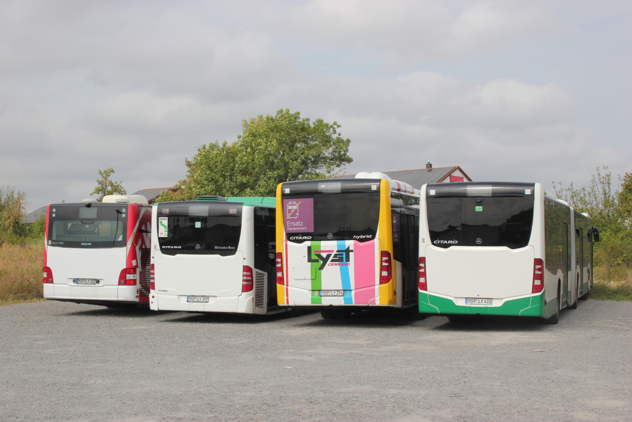 Karlstadt am Main, Mercedes-Benz Citaro C2 GÜ Hybrid # MSP-LY 394; Karlstadt am Main, Mercedes-Benz Citaro C2 G # MSP-LY 397; Karlstadt am Main, MAN A23 Lion's City G NG323 # MSP-LY 187; Karlstadt am Main, Mercedes-Benz Citaro C2 G # MSP-LY 431