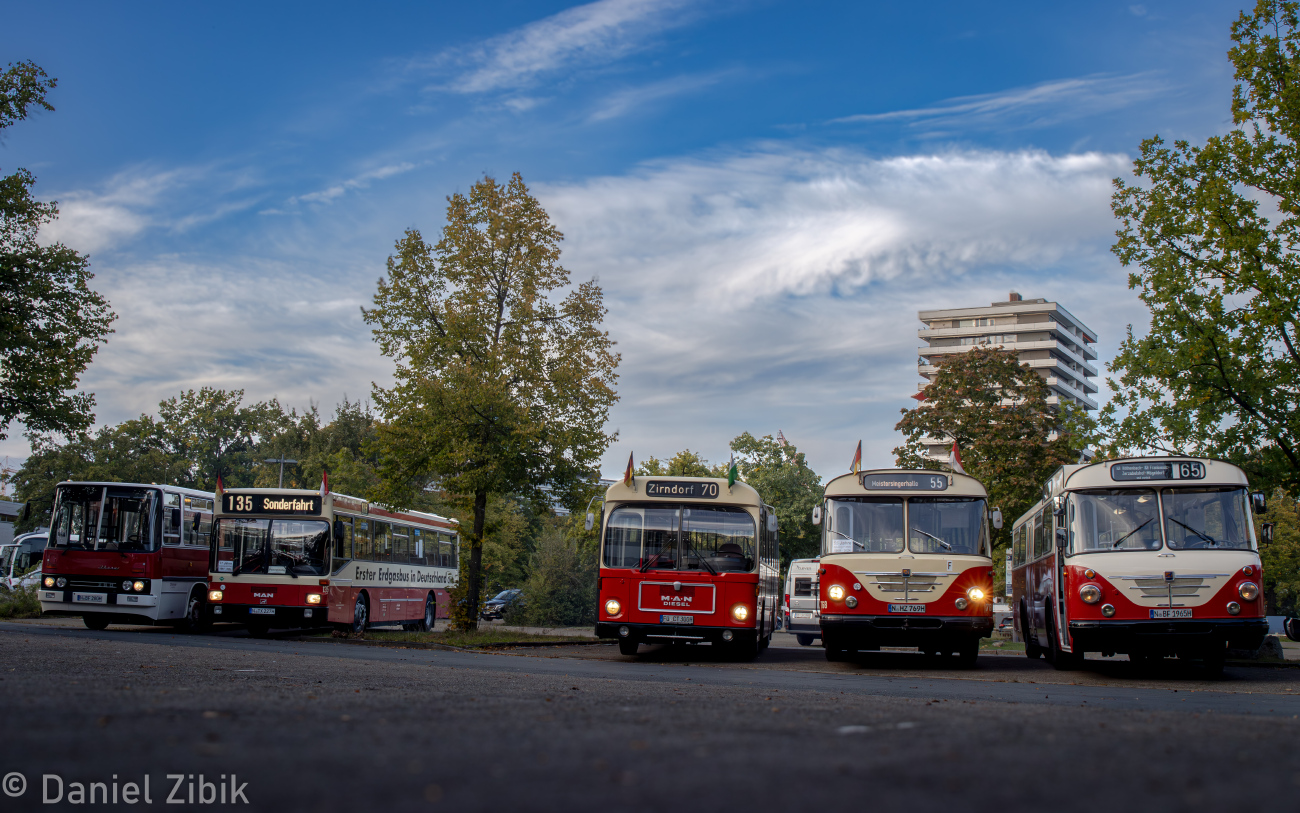 Nuremberg, Ikarus 280.27 # N-BF 280H; Nuremberg, MAN SL202 CNG # 135; Fürth, MAN SL192 # 300; Nuremberg, Büssing Präfekt 12D # 768; Nuremberg, Büssing Senator 12 D # N-BF 1965H