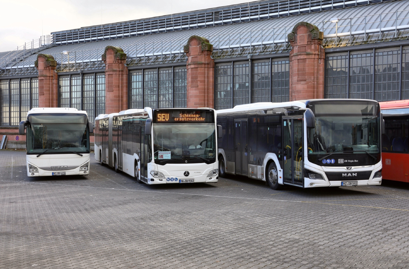 Mainz, IVECO Crossway LE 12M # MZ-DB 4620; Dortmund, Mercedes-Benz Citaro C2 G # MA-DO 9283; Mainz, MAN 18C Lion's City NG360 EfficientHybrid # MZ-DB 592