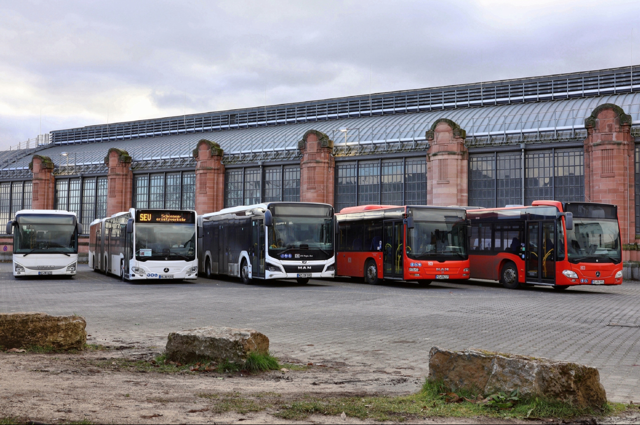 Dortmund, Mercedes-Benz Citaro C2 G # MA-DO 9283; Mainz, MAN 18C Lion's City NG360 EfficientHybrid # MZ-DB 592; Mainz, MAN A23 Lion's City G NG363 # MZ-RN 217; Mainz, Mercedes-Benz Citaro C2 G # MZ-DB 2994