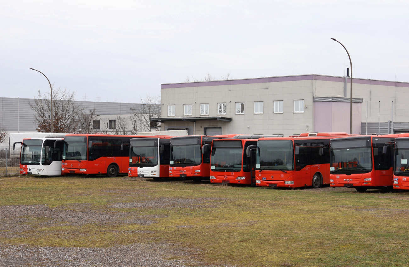 Montabaur, Mercedes-Benz O530 Citaro Facelift Ü # MZ-RV 288; Mainz, Irisbus Crossway LE 12M # MZ-DB 530; Montabaur, MAN A20 Lion's City Ü NÜ323 # MZ-RV 310; Mainz, MAN A20 Lion's City Ü NÜ323 # MZ-RN 728; Mainz, Mercedes-Benz O530 Citaro Facelift # MZ-DB 2696; Montabaur, Irisbus Crossway LE 12M # MZ-DB 4141; Mainz, MAN A20 Lion's City Ü NÜ323 # MZ-RN 725