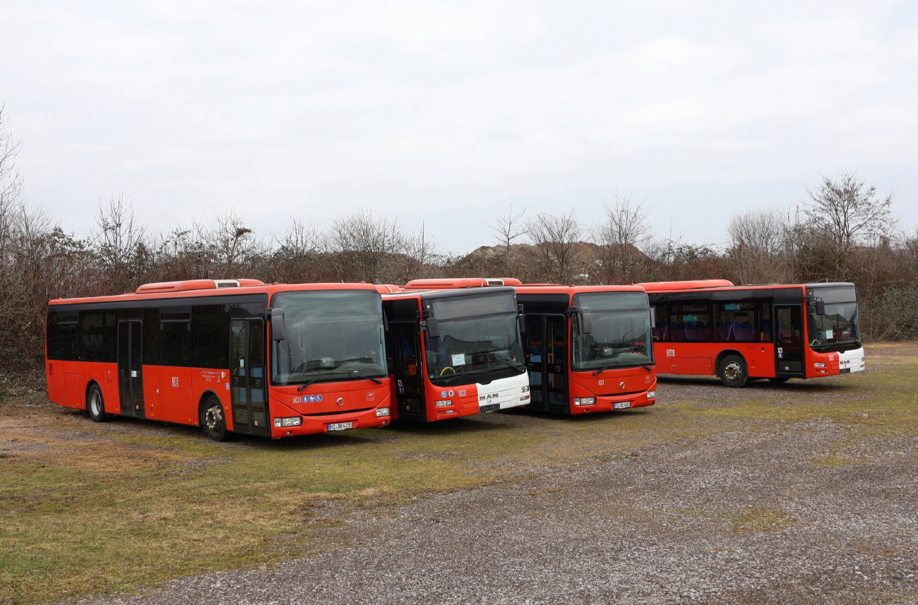 Mainz, Irisbus Crossway LE 12M # MZ-DB 4235; Koblenz, MAN A20 Lion's City Ü NÜ323 # MZ-RV 311; Mainz, Irisbus Crossway LE 12M # MZ-DB 4082; Montabaur, MAN A20 Lion's City Ü NÜ323 # MZ-RV 314