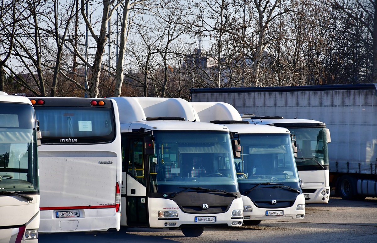 Nitra, Irisbus Axer 12M # AA-163OO; Nitra, SOR CNG 12 # AA-947LH; Nitra, SOR BNG 9.5 # AA-910JH; Nitra, Irisbus Crossway 12.8M # AA-369GE