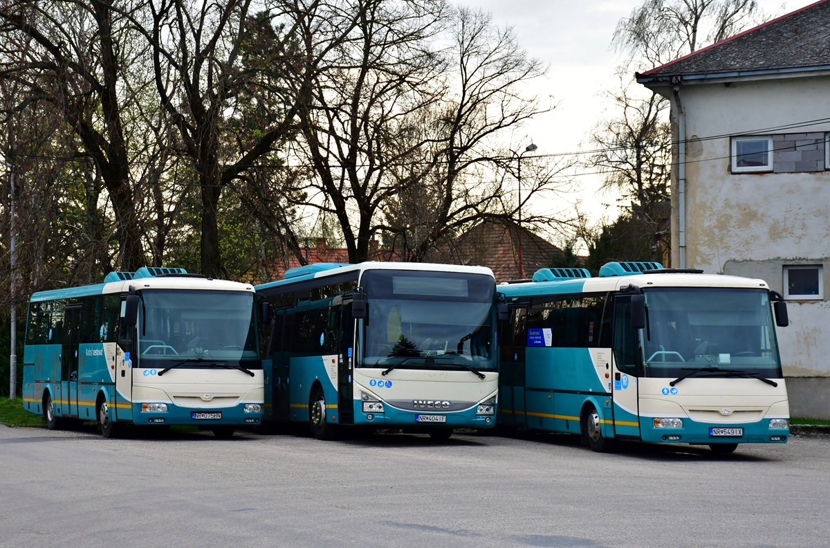 Zlaté Moravce, SOR C 9.5 # NR-075HN; Zlaté Moravce, IVECO Crossway LE 10.8M # NR-404IF; Zlaté Moravce, SOR C 10.5 # NR-549IX