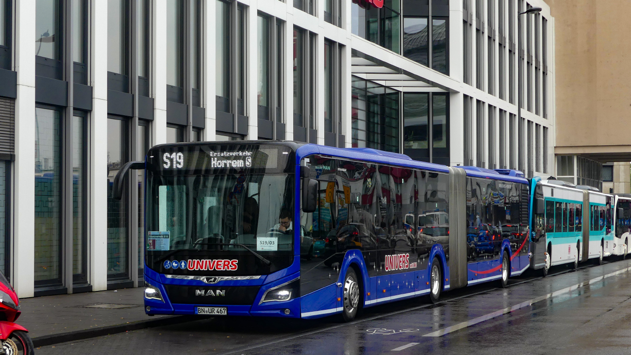 Bonn, MAN 18C Lion's City NG360 EfficientHybrid # 67; Cologne — Rail Replacement "Linke Rheinstrecke" 05/2025