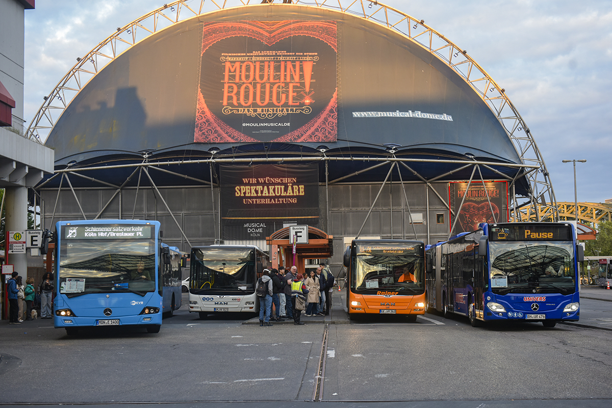 Aachen, Mercedes-Benz Conecto II G # 1400; Bergheim, MAN A23 Lion's City G NG323 # BM-KK 5021; Gelsenkirchen, MAN A21 Lion's City NL283 # GE-VR 263; Bonn, Mercedes-Benz Citaro C2 G # 76; Cologne — Rail Replacement "Linke Rheinstrecke" 05/2025