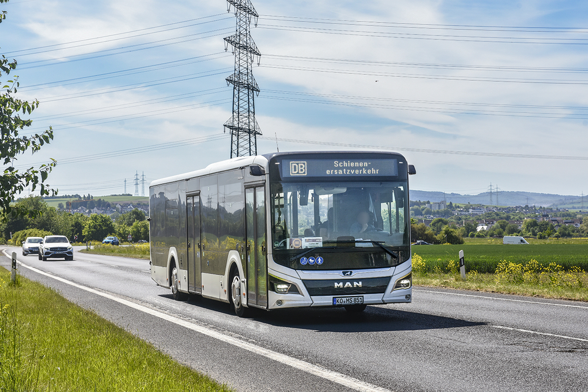 Koblenz, MAN 12C Lion's City NL330 EfficientHybrid # KO-MS 851; Cologne — Rail Replacement "Linke Rheinstrecke" 05/2025