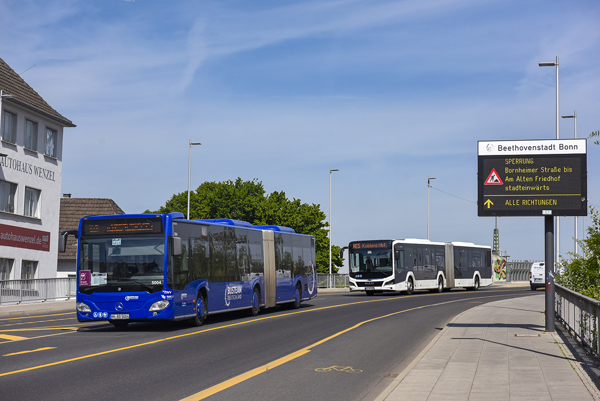 Hamburg, Mercedes-Benz Citaro C2 G # 5004; Koblenz, MAN 18C Lion's City NG360 # KO-MS 852; Cologne — Rail Replacement "Linke Rheinstrecke" 05/2025