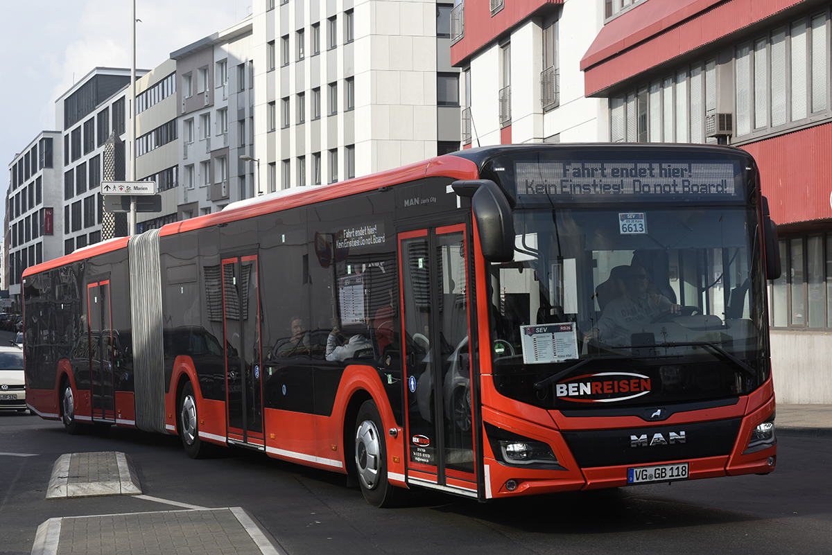 Greifswald, MAN 19C Lion's City NG360 EfficientHybrid # VG-GB 118; Cologne — Rail Replacement "Linke Rheinstrecke" 05/2025
