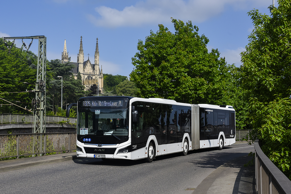 Aachen, MAN 18C Lion's City NG360 EfficientHybrid # AC-WO 3333; Cologne — Rail Replacement "Linke Rheinstrecke" 05/2025