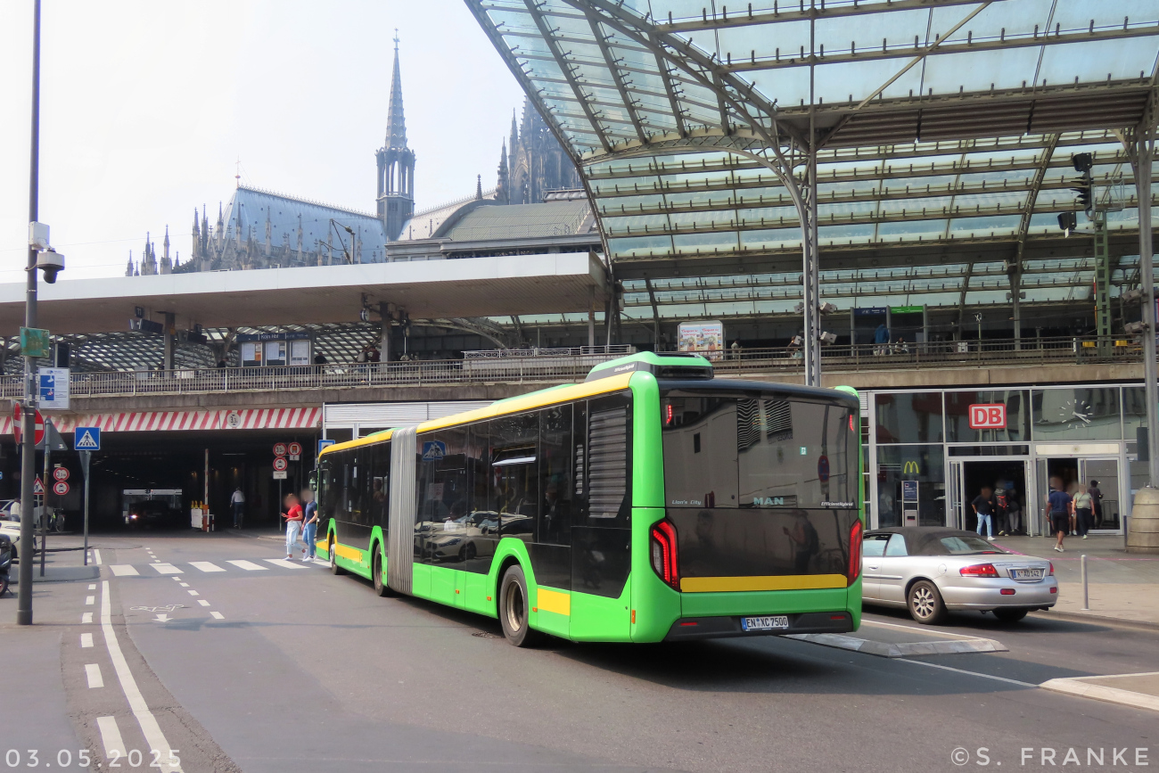 Ennepetal, MAN 18C Lion's City NG330 EfficientHybrid # EN-XC 7500; Cologne — Rail Replacement "Linke Rheinstrecke" 05/2025