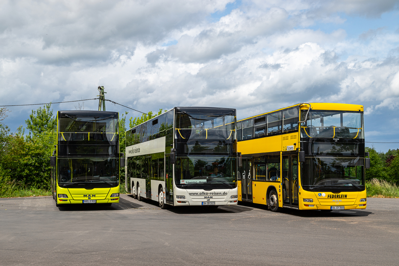 Haßfurt, MAN A39 Lion's City DD ND323 # HAS-S 909; Schweinfurt, MAN A39 Lion's City DD ND353 # SW-DD 1023; Schweinfurt, MAN A39 Lion's City DD ND313 # SW-GX 3000; Schweinfurt — Fotosonderfahrt — 07.06.2025 — MAN A39 Lion's City DD