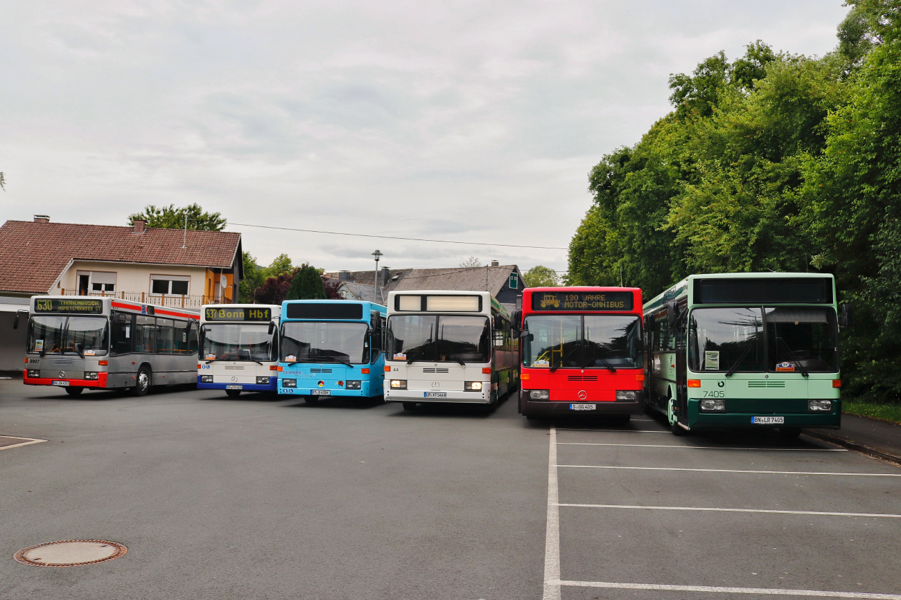 Bonn, Mercedes-Benz O405N2 # 9907; Altenkirchen (Westerwald), Mercedes-Benz O405N2 # AK-RH 405; Reutlingen, Mercedes-Benz O405N # RT-O 405H; Göppingen, Mercedes-Benz O405G # 44; Stuttgart, Mercedes-Benz O405G # 901; Bonn, Mercedes-Benz O405G # 7405; Siegen — 130 Jahre erste Motor-Omnibus-Linie (Deuz-Netphen-Siegen)